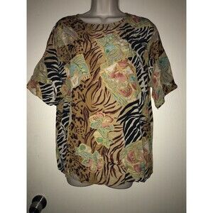 Women’s Dahan 100% Silk Short Sleeve Blouse Top Animal Print Patchwork Sz L VTG